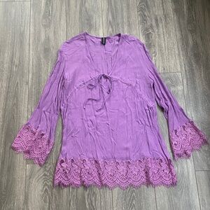 MINKPINK - Lavender Lace Trim Long Sleeve Mini Dress - Size M